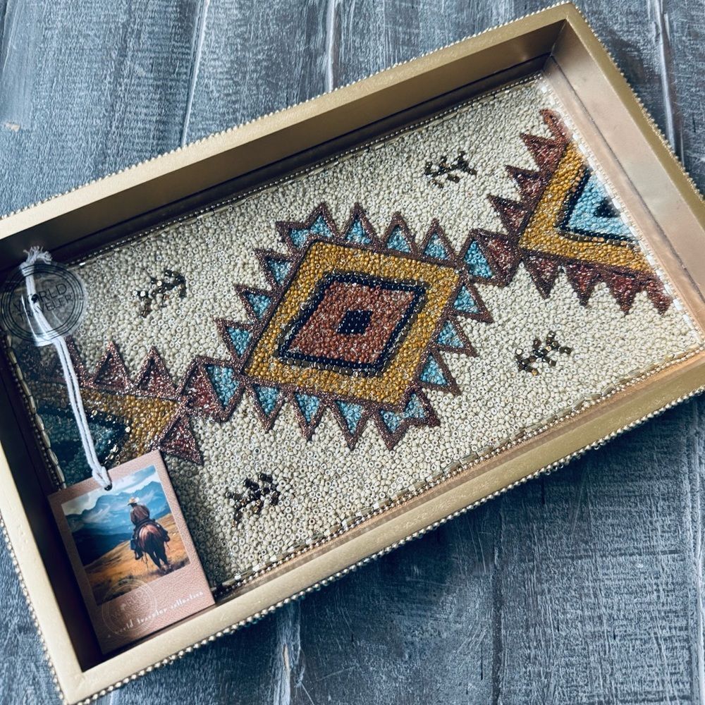 Southwest Western Aztec Tribal Beaded Blue Tan Brown Decor Serving Decor Tray